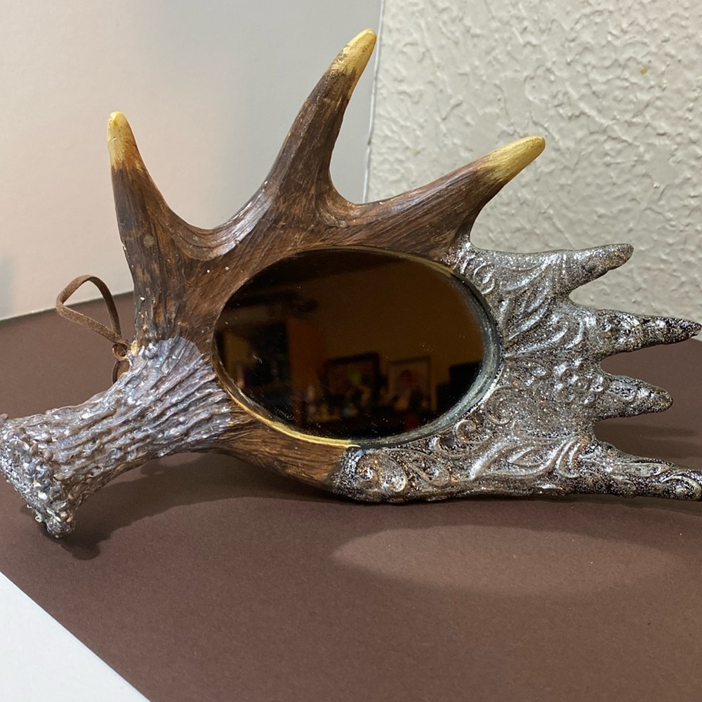 Rustic  8” Hand Crafted Antler Mirror Decoration Or Hanging Ornament